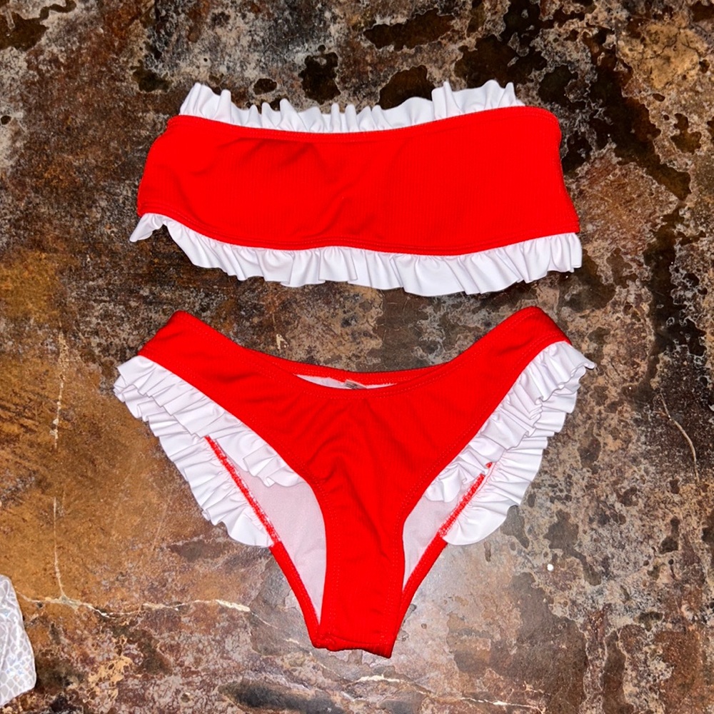 Red shein swimsuit with ruffles